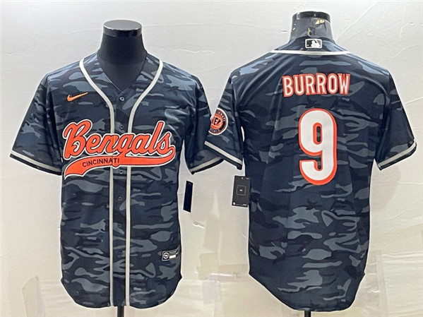 Men's Cincinnati Bengals #9 Joe Burrow Gray Camo With Patch Cool Base Stitched Baseball Jersey